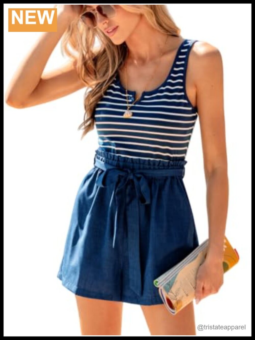 Notched V Neck Striped Romper Wide Leg Casual Summer Romper